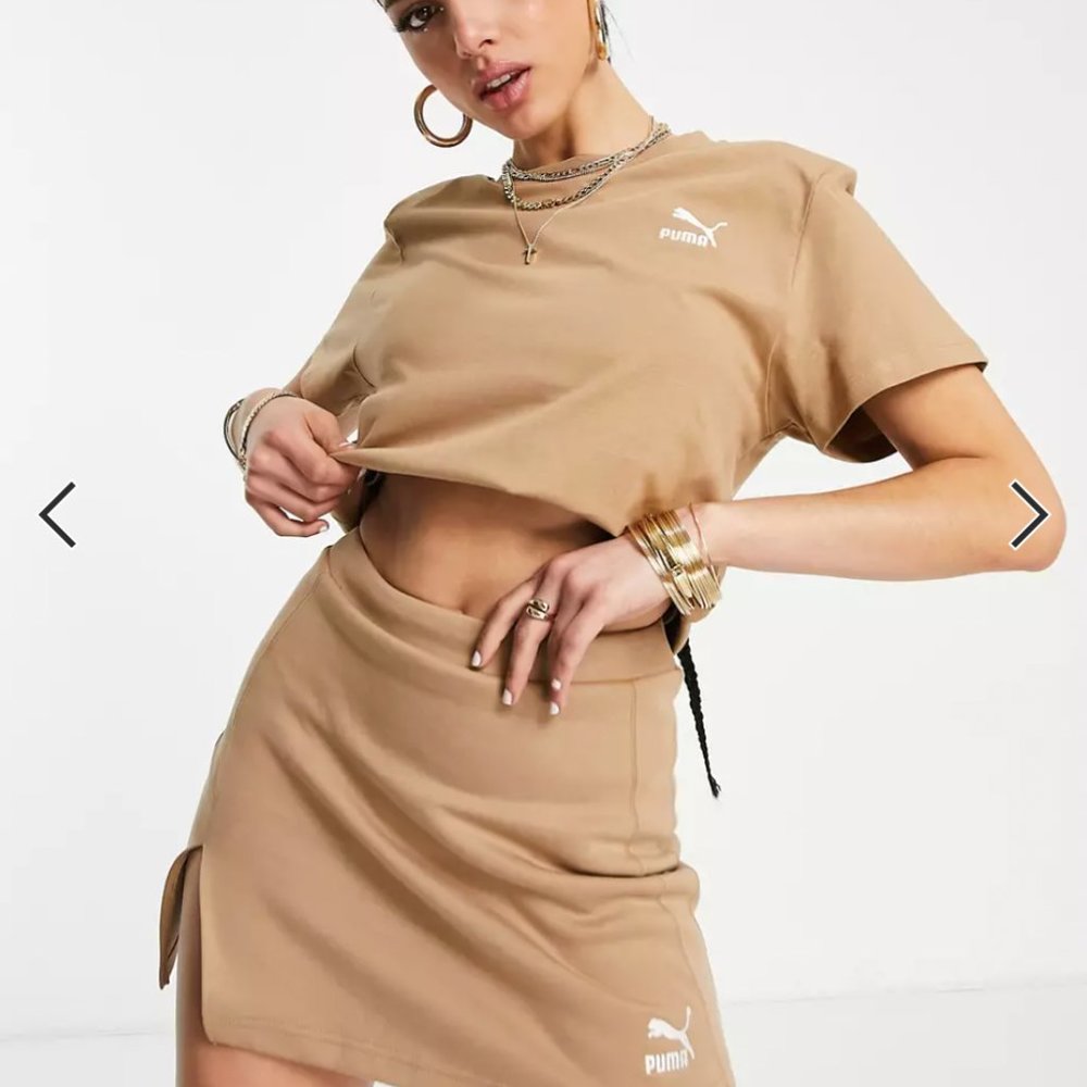 PUMA mini skirt with slit + padded shoulder t-shirt  in tan brown